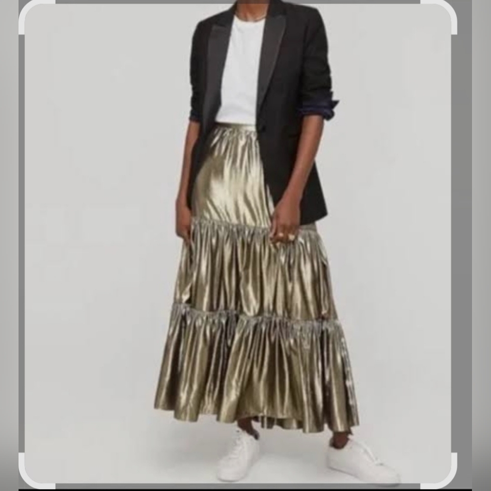 Jcrew Metallic Gold Lame Tiered Maxi Skirt XS NWT